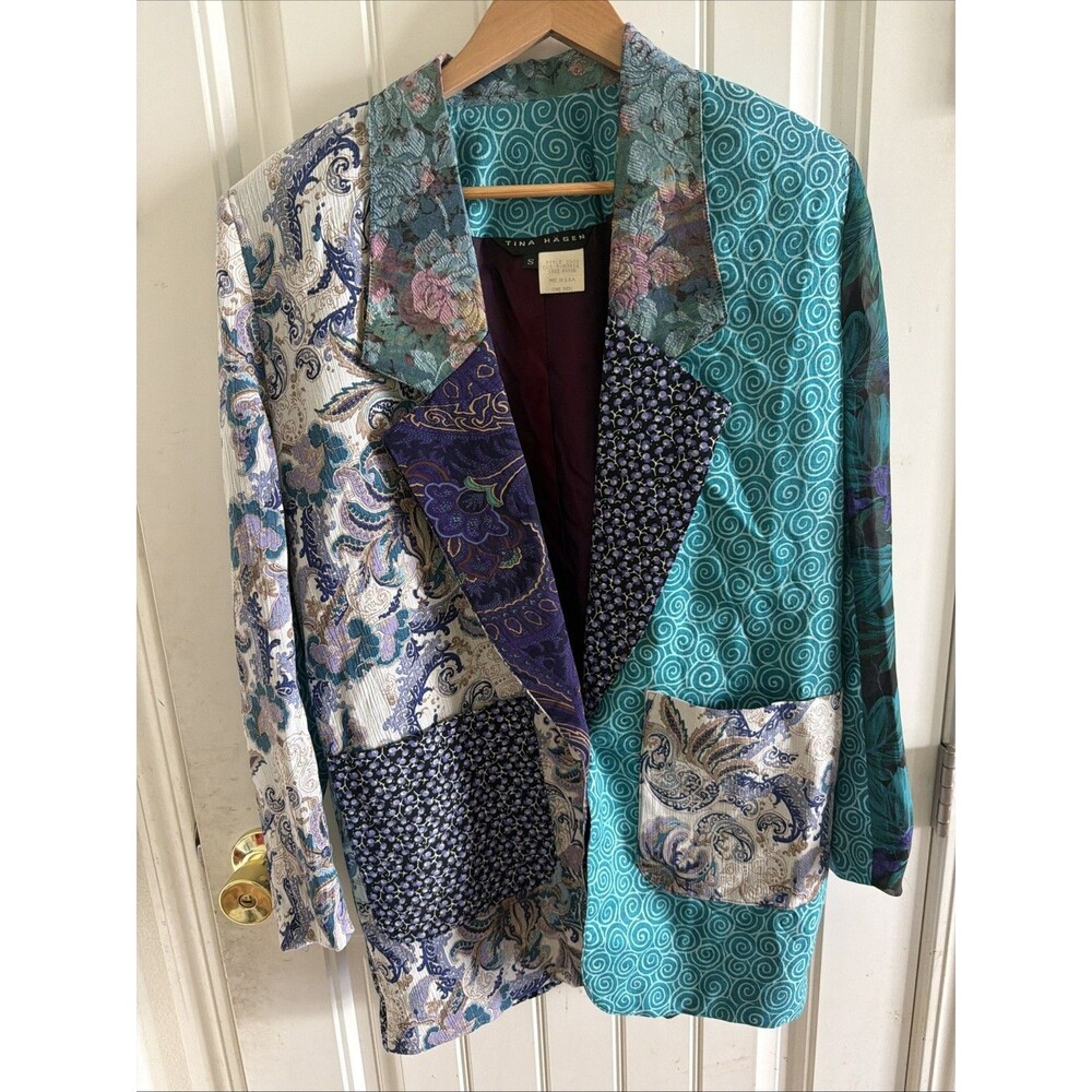 Tina Hagen Vintage Patchwork Blazer S Teal Purple Paisley Floral Print Rayon